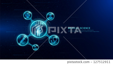 Medical science. Arthritis osteoporosis diagnosis. Human wrist finger joint bone inside transparent molecule with icons doctor pill syringe stethoscope and plus sign. On dark blue background. Vector. Medical science. Arthritis osteoporosis diagnosis. Human wrist finger joint bone inside transparent molecule with icons doctor pill syringe stethoscope and plus sign. On dark blue background. Vector. 127512911