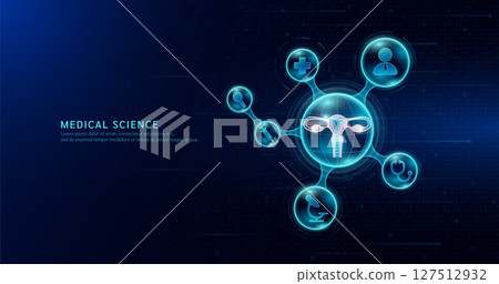 Female uterus organ inside transparent molecule with icons doctor pill stethoscope and plus sign on dark blue digital technology background. Medical science. Vector EPS10. 127512932