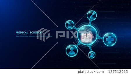 Human hair skin organ inside transparent molecule with icons doctor pill stethoscope and plus sign on dark blue digital technology background. Medical science. Vector EPS10. 127512935