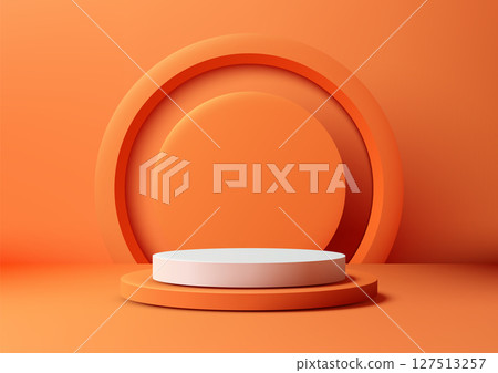 minimalist 3d product showcase on white round platform with orange monochromatic background modern mockup display 127513257