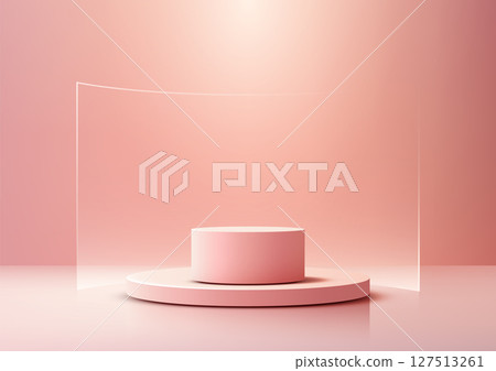 minimalist pink podium mockup 3d render, cylindrical stand on circular base, product display showcase on soft backdrop 127513261