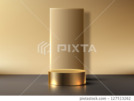 luxury gold cylindrical podium mockup on reflective surface 3d for product display showcase elegant modern award 127513262