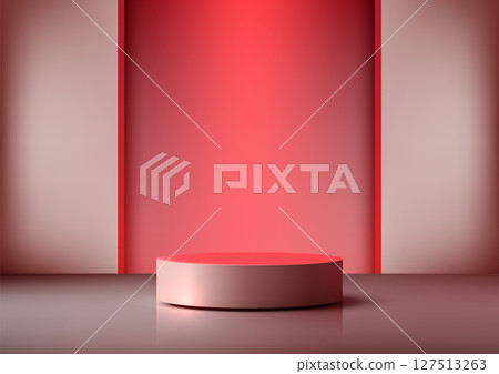 modern red cylindrical podium on reflective surface 3d mockup for product display showcase with vibrant backdrop and depth 127513263