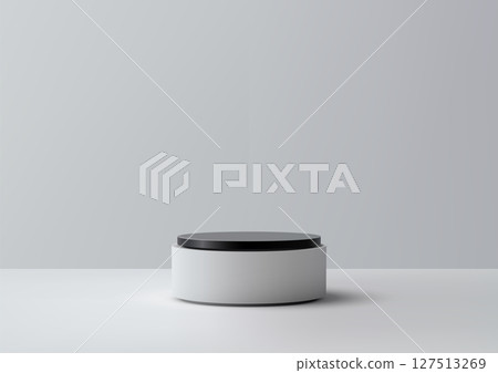 Minimalist 3d white cylindrical podium with a black top, isolated on a light gray background. product mockups, modern presentations Minimalist 3d white cylindrical podium with a black top, isolated on a light gray background. product mockups, modern presentations 127513269