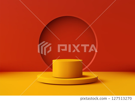 vibrant yellow cylindrical podium on circular base with bold red wall cutout minimalist modern product display mockup showroom vibrant yellow cylindrical podium on circular base with bold red wall cutout minimalist modern product display mockup showroom 127513270