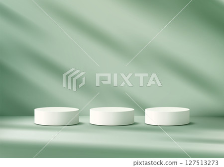white cylindrical podiums on light green surface elegant product display mockup showroom showcase white cylindrical podiums on light green surface elegant product display mockup showroom showcase 127513273