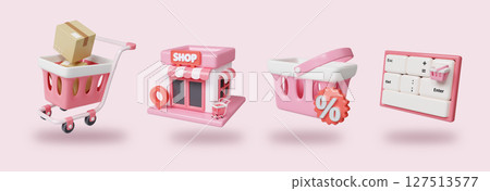 Online retail elements in playful pastel hues. 3D render illustration Online retail elements in playful pastel hues. 3D render illustration 127513577