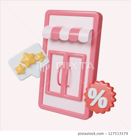 Customer feedback concept featuring stars and a discount emblem. 3D render illustration 127513579