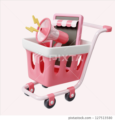 Shopping cart loaded with vibrant promotional items and marketing tools. 3D render illustration 127513580