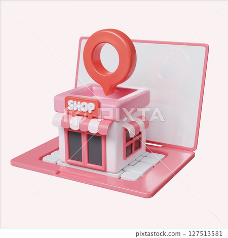Local shop navigation design with a playful storefront and map marker. 3D render illustration Local shop navigation design with a playful storefront and map marker. 3D render illustration 127513581