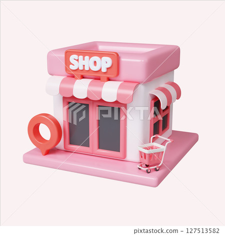 Cute shop front design with pink color theme. 3D render illustration Cute shop front design with pink color theme. 3D render illustration 127513582