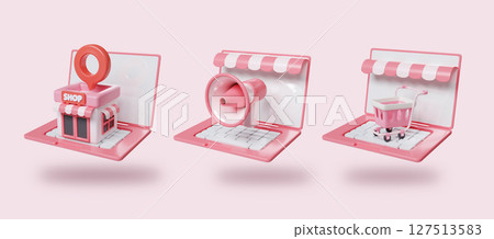 E-commerce branding elements in vibrant pastel tones. 3D render illustration E-commerce branding elements in vibrant pastel tones. 3D render illustration 127513583