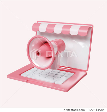 Interactive laptop with megaphone and shopping interface. 3D render illustration Interactive laptop with megaphone and shopping interface. 3D render illustration 127513584