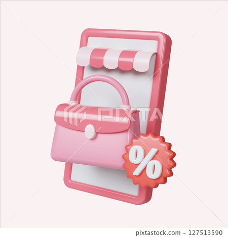 Promotional shopping bag with discount tag in a colorful design. 3D render illustration 127513590