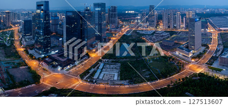 Aerial view of landscape at night in chengdu city,China 127513607