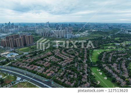 Aerial view of modern golf course resort in Chengdu , China 127513620