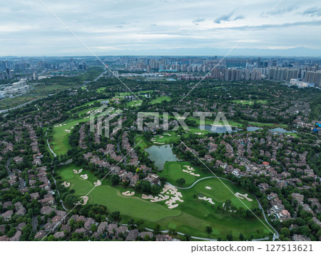 Aerial view of modern golf course resort in Chengdu , China 127513621