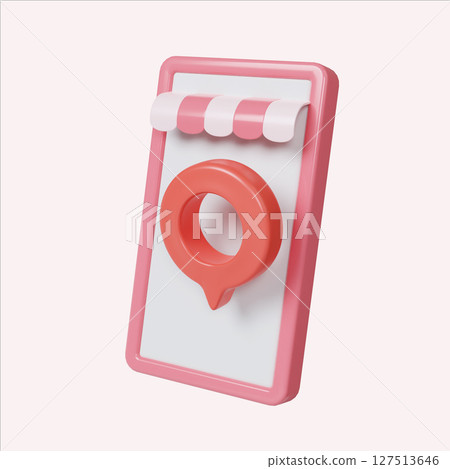 Shopping experience design with playful shop sign and speech bubble. 3D render illustration 127513646