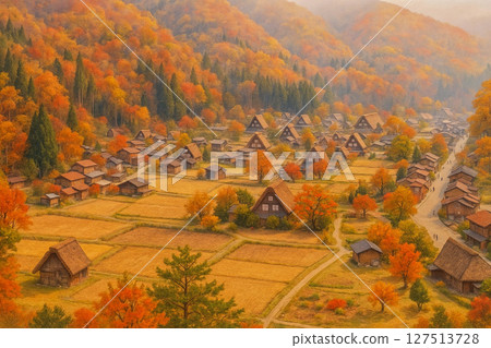 白川鄉：從荻町城跡展望台眺望秋日合掌村 127513728