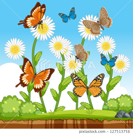 Colorful Butterflies in a Vibrant Garden Scene 127513758