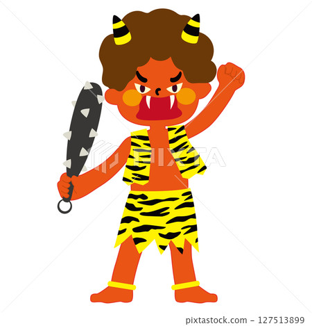 向量圖的紅色惡魔拿著棍棒舉起拳頭，看起來很生氣 127513899