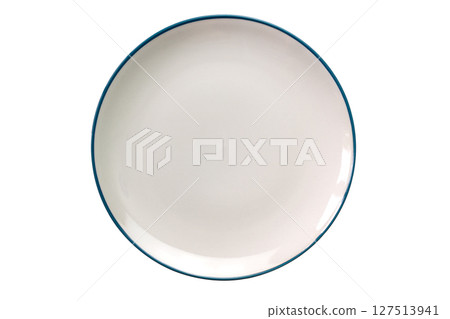 Top view of white ceramic plate with blue edge isolated on white background. 127513941