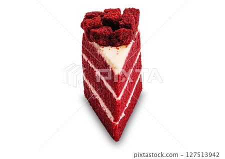 A slice of homemade red velvet cake isolated on white background. A slice of homemade red velvet cake isolated on white background. 127513942