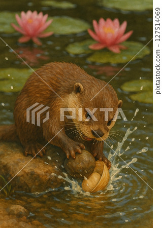 與水邊水獺和貝類共進午餐 | 水獺破殼的逼真插圖 127514069