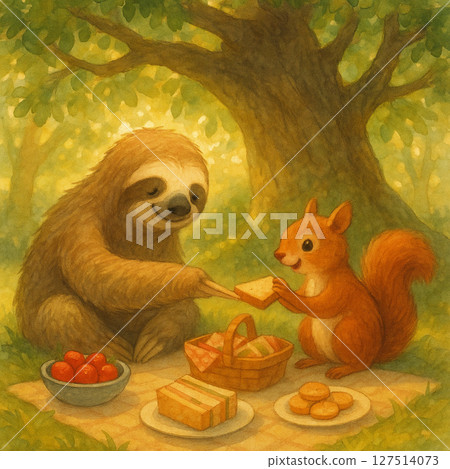 Outdoor dining in the forest | Sloth and squirrel picnic illustration 127514073