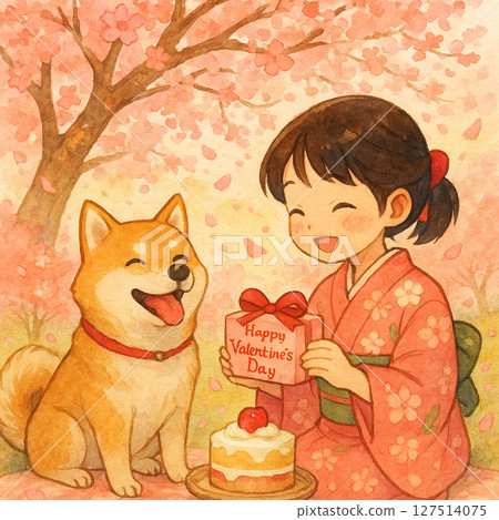 櫻花浪漫慶生時光｜櫻花下的情人節插畫 127514075