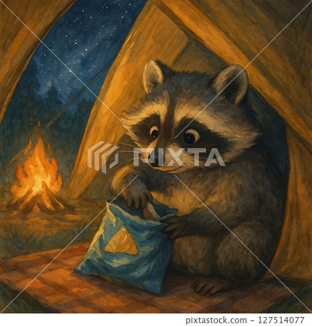 Late-night camping secret snack time | A raccoon secretly eats a snack at a night camp 127514077
