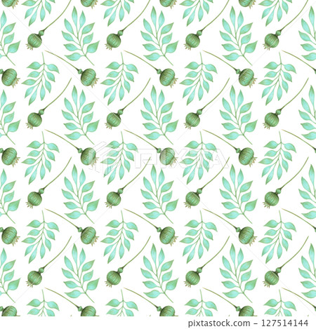 Seamless pattern with graceful turquoise leaves and poppy pod. Watercolor illustration. Hand drawn botanical isolated background. Simple plant branches for textile, packaging, wallpaper, fabric 127514144