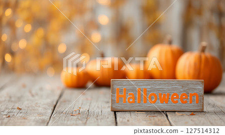 Halloween signboard placed on wooden board and pumpkin background with warm bokeh light | Warm bokeh effect 127514312