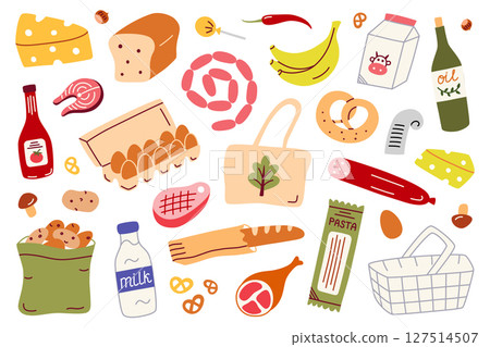 Flat cartoon vector illustration of grocery shopping set with food products and reusable bag. Collection of groceries from supermarket for meal prep, cooking, healthy eating, eco lifestyle concepts Flat cartoon vector illustration of grocery shopping set with food products and reusable bag. Collection of groceries from supermarket for meal prep, cooking, healthy eating, eco lifestyle concepts 127514507