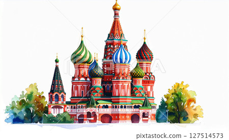Watercolor illustration of St. Basil Cathedral in Moscow, Russia, featuring vivid onion domes and vibrant architectural details. Perfect for travel themes, postcards, and cultural art concepts. 127514573