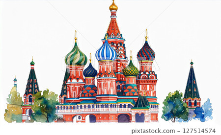 Watercolor illustration of St. Basil Cathedral in Moscow, Russia, featuring vivid onion domes and vibrant architectural details. Perfect for travel themes, postcards, and cultural art concepts. 127514574