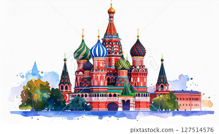 Watercolor illustration of St. Basil Cathedral in Moscow, Russia, featuring vivid onion domes and vibrant architectural details. Perfect for travel themes, postcards, and cultural art concepts. 127514576