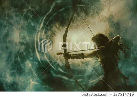 Sagittarius zodiac sign symbol, abstract vivid composition consists of fictional unreal fantastic vision on background 127514719