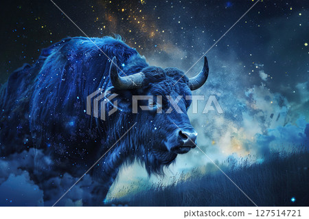 Concept of Taurus zodiac sign symbol, abstract vivid composition consists of fictional unreal fantastic vision on background 127514721