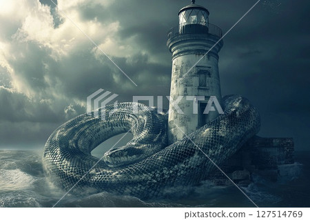Giant underwater snake coils around an old lighthouse amidst turbulent sea and stormy skies Giant underwater snake coils around an old lighthouse amidst turbulent sea and stormy skies 127514769