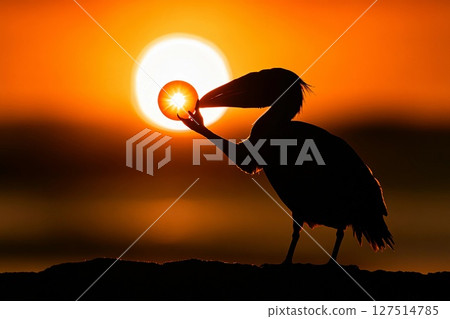 Silhouette of bird holding shining sun against vibrant sunset sky 127514785