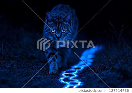 Cat explores glowing tracks in a mysterious forest at night revealing fantasy and intrigue 127514786