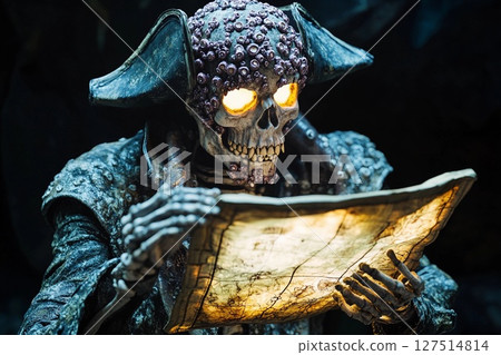Skeletal pirate figure with glowing treasure map ready to uncover buried riches in a dark, mysterious cave 127514814