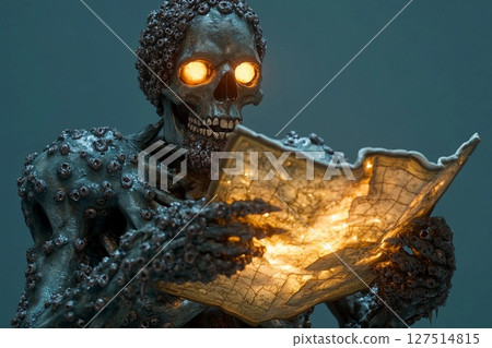 Skeletal pirate figure with glowing treasure map ready to uncover buried riches in a dark, mysterious cave Skeletal pirate figure with glowing treasure map ready to uncover buried riches in a dark, mysterious cave 127514815