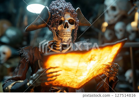 Skeletal pirate figure with glowing treasure map ready to uncover buried riches in a dark, mysterious cave 127514816
