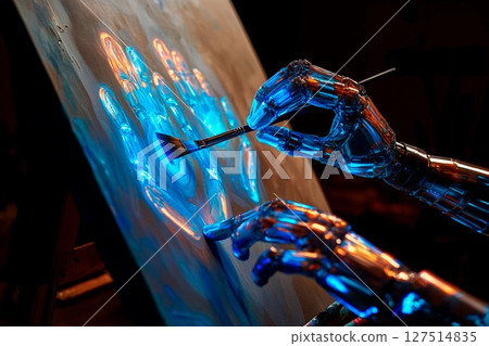 Fusion of AI and human creativity with a glowing mechanical hand painting on a canvas in an artistic studio at night 127514835