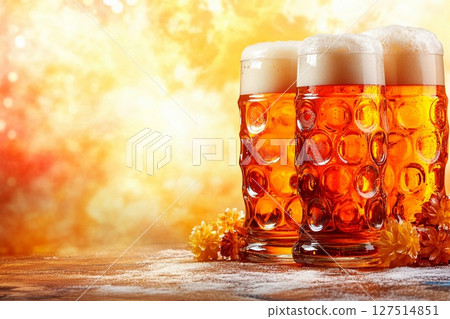 Enjoying foamy beer in large glass goblets during Oktoberfest celebration in a festive atmosphere Enjoying foamy beer in large glass goblets during Oktoberfest celebration in a festive atmosphere 127514851