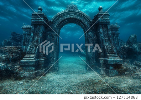 Magical underwater gate emerges from the ocean floor surrounded by ancient ruins and marine life 127514868