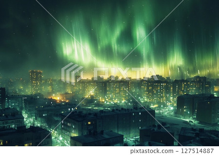 Aurora-like phenomenon illuminates city skyline with vibrant lights against a darkening twilight backdrop Aurora-like phenomenon illuminates city skyline with vibrant lights against a darkening twilight backdrop 127514887
