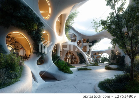 Exploring a futuristic city with bionic buildings showcasing unique architectural designs and advanced urban planning 127514909